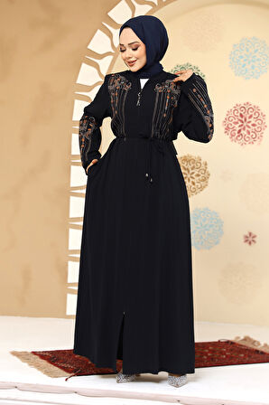 Desenli Lacivert Tesettür Abaya 45302L
