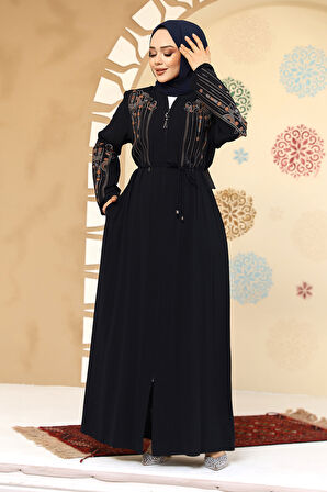 Desenli Lacivert Tesettür Abaya 45302L