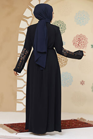 Desenli Lacivert Tesettür Abaya 45302L