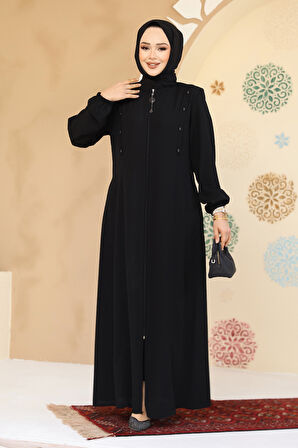 Düğme Detaylı Siyah Tesettür Abaya 45304S
