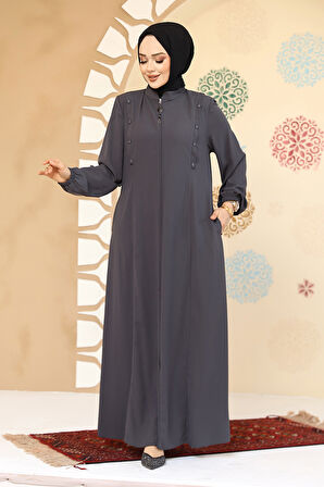 Düğme Detaylı Füme Tesettür Abaya 45304FU