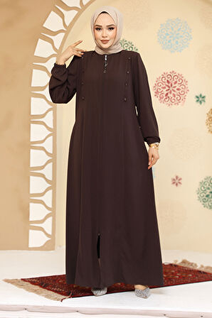 Düğme Detaylı Kahverengi Tesettür Abaya 45304KH