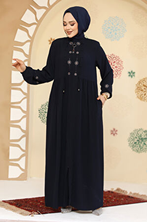 Boncuk Detaylı Lacivert Tesettür Abaya 45305L