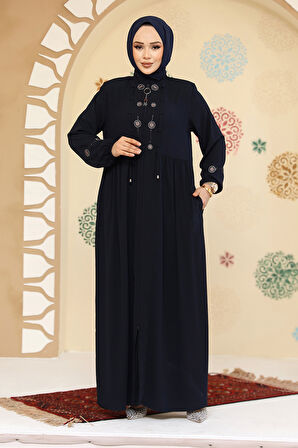 Boncuk Detaylı Lacivert Tesettür Abaya 45305L