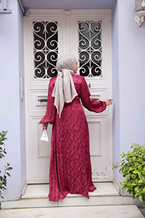 Desenli Bordo Tesettür Elbise 23272BR