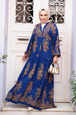 Çiçek Desenli Sax Mavisi Tesettür Elbise 18241SX