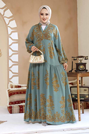 Çiçek Desenli Çağla Yeşili Tesettür Elbise 18241CY