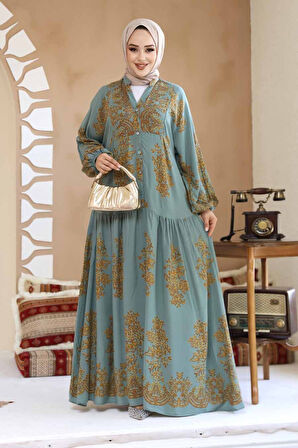 Çiçek Desenli Çağla Yeşili Tesettür Elbise 18241CY