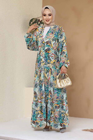 Çiçek Desenli Sarı Tesettür Elbise 235805SR