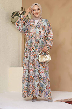 Çiçek Desenli Turuncu Tesettür Elbise 235805TR
