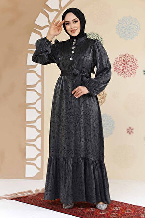 Taş Detaylı Siyah Tesettür Jakar Elbise 23891S