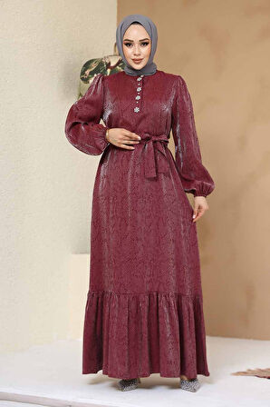 Taş Detaylı Bordo Tesettür Jakar Elbise 23891BR
