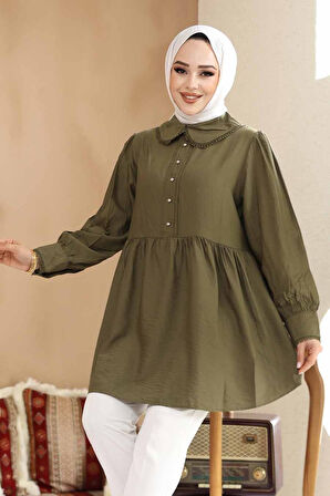 Bebe Yaka Haki Tesettür Tunik 40691HK