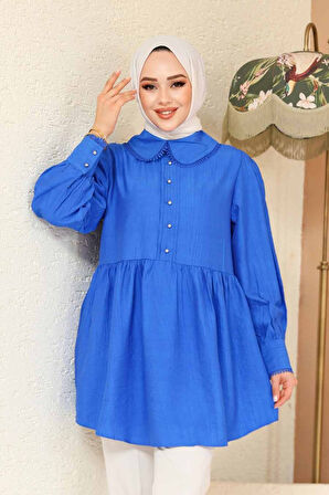 Bebe Yaka Sax Mavisi Tesettür Tunik 40691SX