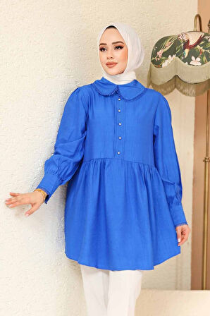 Bebe Yaka Sax Mavisi Tesettür Tunik 40691SX