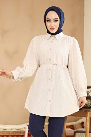 Düğmeli Bej Tesettür Tunik 42421BEJ