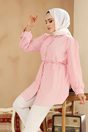 Düğmeli Pembe Tesettür Tunik 42421P