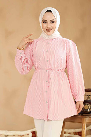 Düğmeli Pembe Tesettür Tunik 42421P