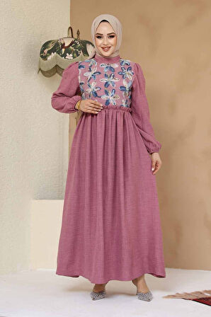 Desenli Kahverengi Tesettür Elbise 45741GK
