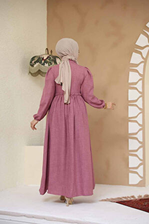 Desenli Kahverengi Tesettür Elbise 45741GK