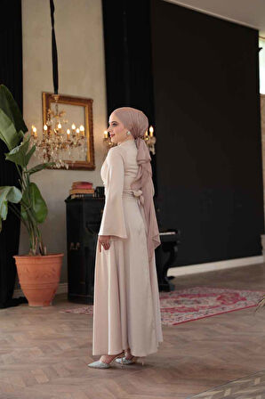 Bej Saten Tesettür Abiye Elbise 6157BEJ