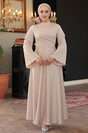 Bej Saten Tesettür Abiye Elbise 6157BEJ