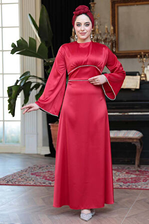 Saten Kırmızı Tesettür Abiye Elbise 61592K