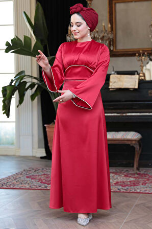 Saten Kırmızı Tesettür Abiye Elbise 61592K