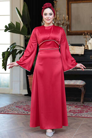 Saten Kırmızı Tesettür Abiye Elbise 61592K