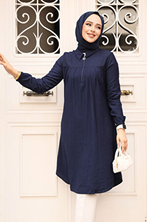 Fermuarlı Lacivert Tesettür Tunik 1467L