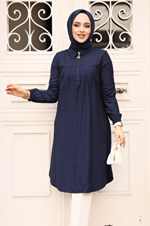 Fermuarlı Lacivert Tesettür Tunik 1467L