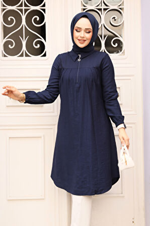 Fermuarlı Lacivert Tesettür Tunik 1467L