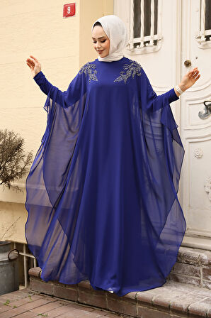 Panço Detaylı Sax Mavisi Tesettür Abaya Elbise 25908SX