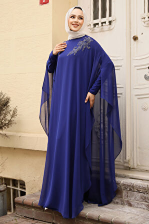 Panço Detaylı Sax Mavisi Tesettür Abaya Elbise 25908SX
