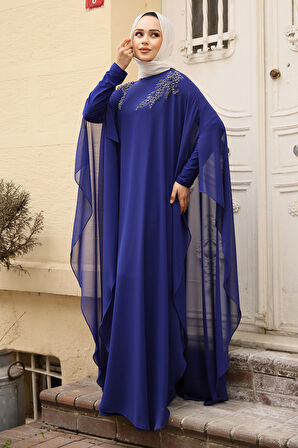 Panço Detaylı Sax Mavisi Tesettür Abaya Elbise 25908SX