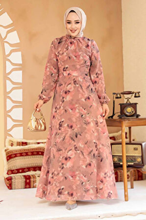 Çiçek Desenli Koyu Somon Tesettür Elbise 27987KSMN