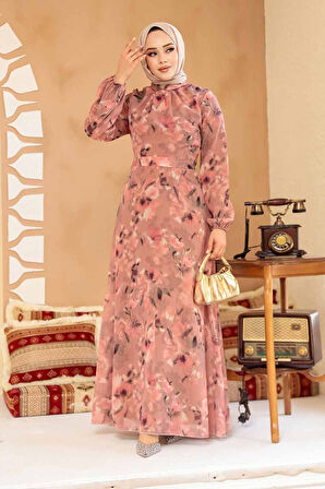 Çiçek Desenli Koyu Somon Tesettür Elbise 27987KSMN