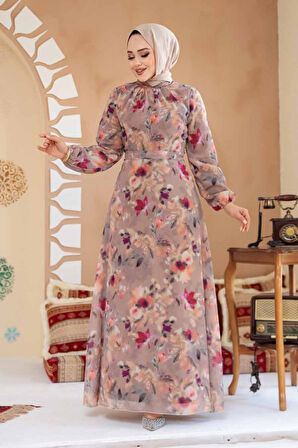 Çiçek Desenli Camel Tesettür Elbise 27987C