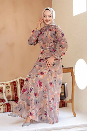 Çiçek Desenli Camel Tesettür Elbise 27987C