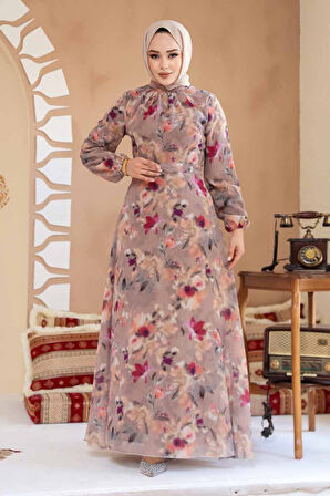 Çiçek Desenli Camel Tesettür Elbise 27987C