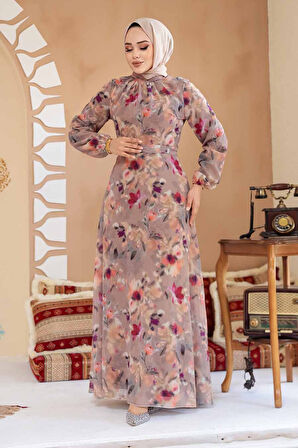 Çiçek Desenli Camel Tesettür Elbise 27987C