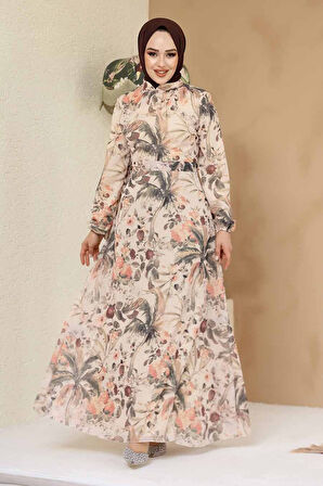 Çiçek Desenli Bej Tesettür Elbise 27988BEJ