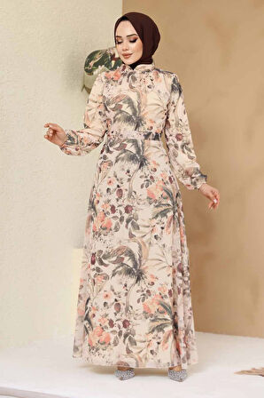 Çiçek Desenli Bej Tesettür Elbise 27988BEJ
