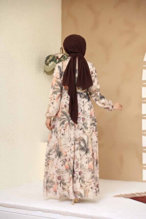 Çiçek Desenli Bej Tesettür Elbise 27988BEJ