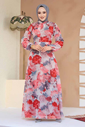 Çiçek Desenli Kırmızı Tesettür Elbise 27990K