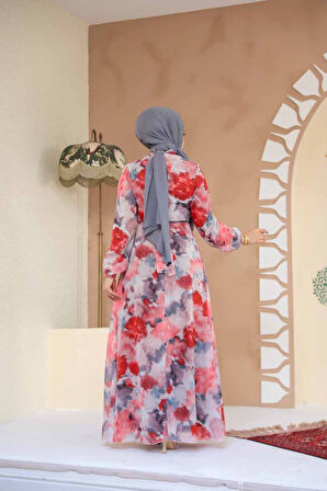 Çiçek Desenli Kırmızı Tesettür Elbise 27990K