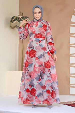 Çiçek Desenli Kırmızı Tesettür Elbise 27990K