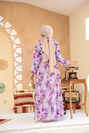Çiçek Desenli Mor Tesettür Elbise 27991MOR