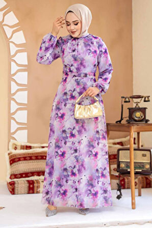 Çiçek Desenli Mor Tesettür Elbise 27991MOR
