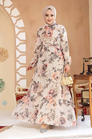 Çiçek Desenli Bej Tesettür Elbise 27992BEJ